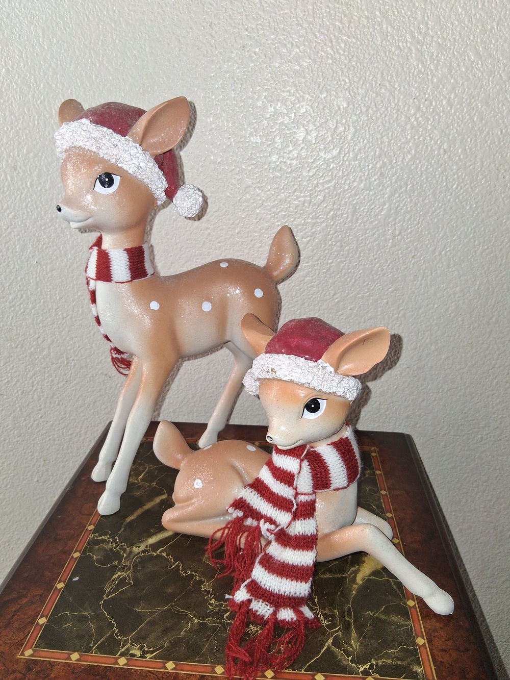 2 Holiday Deer Figurine Glitter Set in Brown and Red Resin Christmas Decor